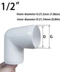 One Half Inch PVC Elbow Fitting 90 Degree Furniture Grade Two Way Right Angle Side Outlet shown with size details