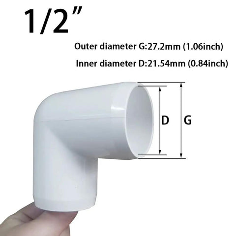 One Half Inch PVC Elbow Fitting 90 Degree Furniture Grade Two Way Right Angle Side Outlet shown with size details