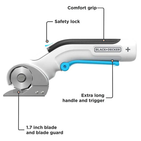 Side view of 4V Max Cordless Fabric And Craft Cutter Rotary Tool with USB Rechargeable Battery, featuring a comfort grip and blade details.
