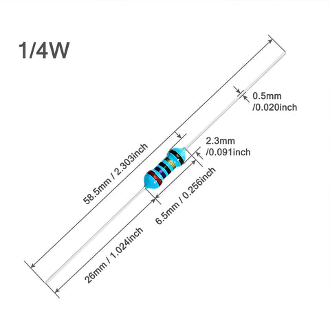 Chanzon 1/4W metal film axial resistor, blue body with color-band code for through-hole mounting.