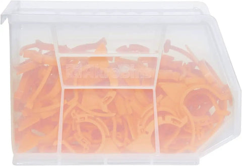 Rock Solid Stackable Plastic Storage Bins That Are Perfect For Your Garage Pantry Or Craft Room Filled With Orange Clamps