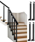 Rock Solid Heavy Duty Wrought Iron Side Mount Deck Spindle Railing Post 85Cm Black Rust Proof 6 Pack All Weather Outdoor Balcony Stair Guard Safety Rail Kit on staircase.