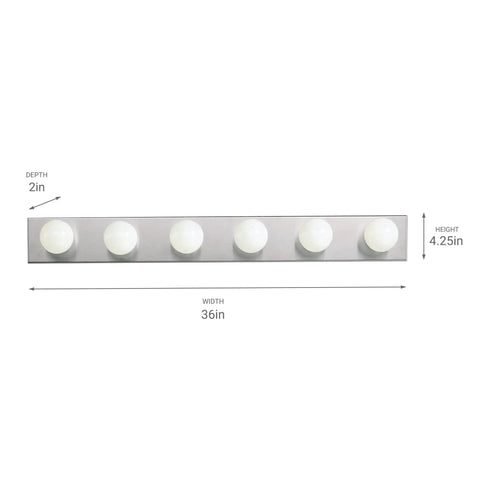 Top Shelf 36 Inch Bathroom Vanity Light Fixture With Brushed Nickel Finish Offering Straight Up Easy Installation And Rock Solid Build Quality For 6 Light Damp Rated Rooms, 36in wide metal frame with six G25 bulbs.