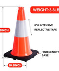 Heavy Duty Orange Traffic Cones Set of 5, 18 Inch PVC with black base, shown with 6 inch reflective collar, side profile view.