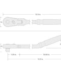 Technical diagram of Three Eighths Inch Drive Long Ratchet With 180 Degree Flex Head And Quick Release, bent handle dimensions shown.