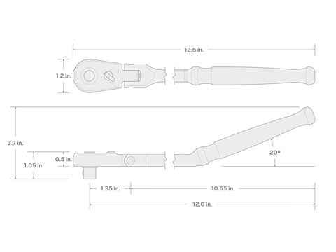 Technical diagram of Three Eighths Inch Drive Long Ratchet With 180 Degree Flex Head And Quick Release, bent handle dimensions shown.