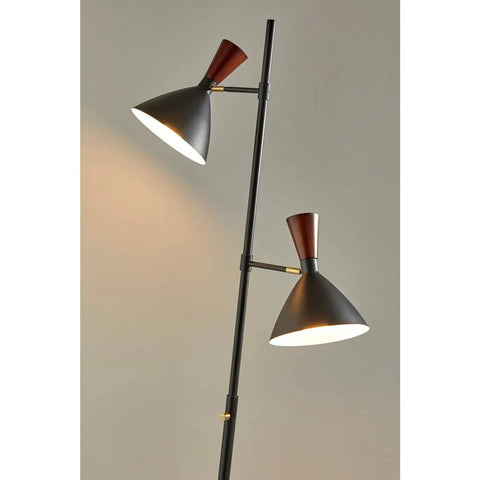 Arlo Tree Floor Lamp With Dual Shades, 67.25 Inch Tall, 2 x 60W Max, Black Finish, Modern Mid Century Style For Living Room, Ambient And Task Lighting, Bulbs Not Included showing adjustable dual black shades with walnut accents