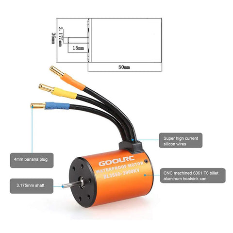 Waterproof 3650 3900KV Brushless Motor With 60A ESC Combo Set showing dimensions and wiring features