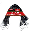 21 Inch EPDM Tarp Bungee Straps 50 Pack Made In USA with galvanized S hooks, displayed out of packaging, heavy duty