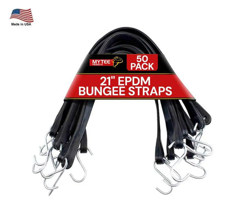 21 Inch EPDM Tarp Bungee Straps 50 Pack Made In USA with galvanized S hooks, displayed out of packaging, heavy duty