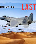 Fighter jet mid-flight over desert with 'Built to Last' text in sky above.