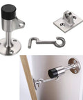 Stainless Steel Door Stopper With Hook Heavy Duty Wall Mounted Door Stop For Home And Office Keeps Doors Open Without Slamming Cushioned Pad Protects Walls Durable Silver Finish, components and installation view