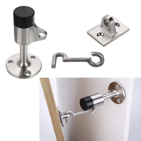Two Pack Stainless Steel Door Stopper With Hook And Sound Dampening Rubber Bumper Wall Mounted Door Holder Hardware Brushed Finish 3.5 Inch Tall Durable Home Office Safety Stop