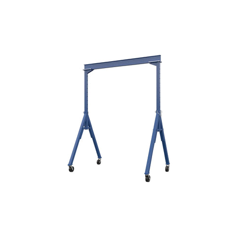 Adjustable Height Steel Gantry Crane Featuring 6000 Pound Capacity, blue steel frame, phenolic caster wheels, shop use