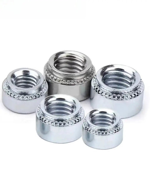 Tough As Nails 5/16-18 Self Clinching Nuts Round Head 30 Pack Zinc Plated Carbon Steel Threaded Rivet Nuts on a white background.
