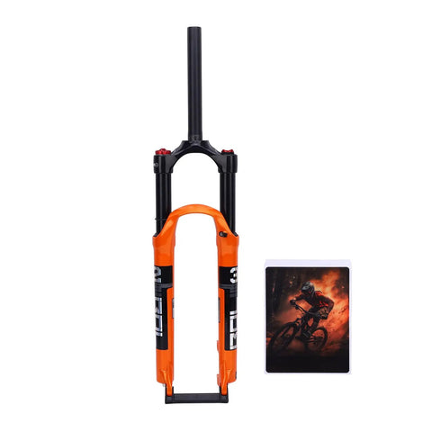 Orange Mountain Bike Front Suspension Fork 27.5 Inch Air Suspension Magnesium Alloy Damping System with image of trail ride