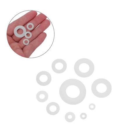 Nylon Flat Washers Assortment Kit 500 Pcs In Sizes M2 M2.5 M3 M4 M5 M6 M8 For All Your Furniture Mounting And Insulation Needs Easy To Install And Corrosion Resistant, white nylon washers in hand