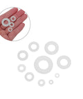 Bulk 500 Piece Nylon Washers Assortment Kit M2 to M8 Flat for Furniture, Electronics, and Machinery, Noise Reduction and Vibration Dampening, Durable Nylon Spacers for Quick Fixes and Hardware Projects; assorted white nylon washers in hand