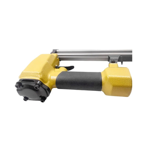 Close-up of the handle on a Heavy Duty 18 Gauge Pneumatic Nail Gun With A Slick Soft Grip Handle And Zero Hassle Magazine Loading.