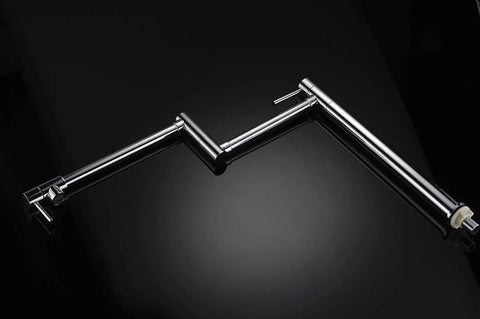 Deck Mount Pot Filler Faucet In Chrome Finish With Extension Shank And 20 Inch Dual Swing Joints Spout On Black Surface