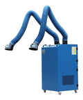 Premium Heavy Duty Welding Fume Extractor With Silent Pure Copper Motor And Flexible Stainless Steel Suction Arm featuring dual blue adjustable hoses.