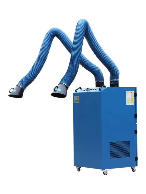 Premium Heavy Duty Welding Fume Extractor With Silent Pure Copper Motor And Flexible Stainless Steel Suction Arm featuring dual blue adjustable hoses.