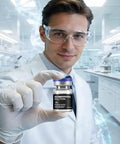 Scientist in lab holding a small vial, illustrating laboratory research and precision.