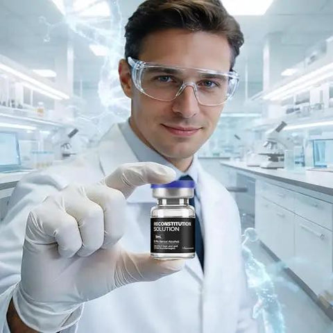 Scientist in lab holding a small vial, illustrating laboratory research and precision.