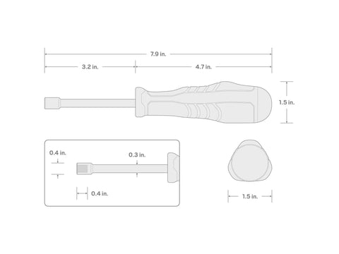 Technical drawing showing dimensions of a screwdriver from Everybit Tech Rescue Kit And 1 Quarter Inch Bit Driver Set, 83-Piece Variety Pack.
