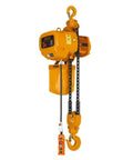Heavy Duty Electric Chain Hoist 3 Ton Lifting Rig With Slick Aluminum Chassis For Warehouse And Dock Work, yellow color, with a control pendant.