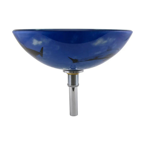 Side view of the Sick Dope Blue Dolphin Tempered Glass Round Vessel Sink For Countertop Bathroom 16.5 Inch with chrome drain