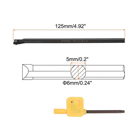 Quarter Inch Shank Lathe Indexable Boring Bar Holder S06KSCLCR06 with dimensions and yellow tool key