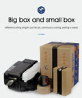 Automatic Electric Water Activated Tape Dispenser High Speed Gummed Paper Tape Machine With Precision Cutter beside large and small boxes.