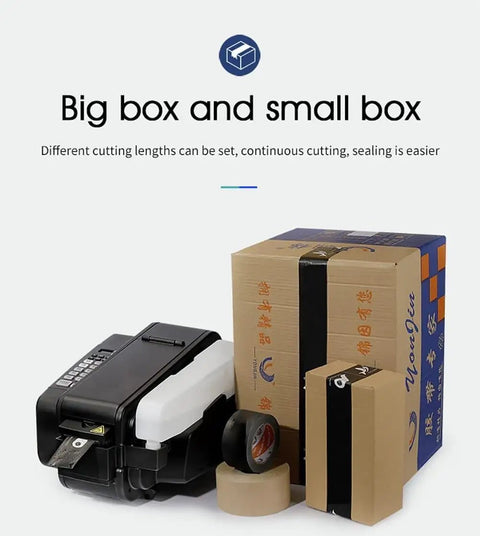 Automatic Electric Water Activated Tape Dispenser High Speed Gummed Paper Tape Machine With Precision Cutter beside large and small boxes.