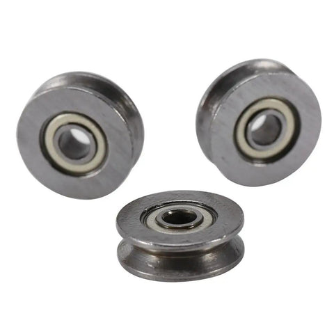 Close-up of 20 Pack V Groove Ball Bearings V623ZZ 3x12x4mm Double Shielded Pro Grade Mini Rail Guides, Durable Carbon Steel.