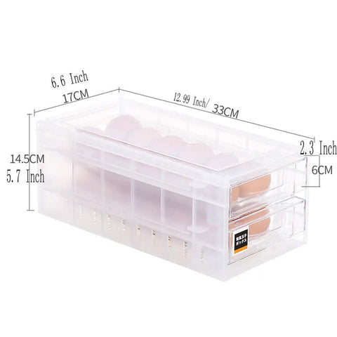 Drawer Style 24 Egg Holder For Refrigerator Double Layer Plastic Egg Storage Box Clear Egg Organizer Case dimensions shown