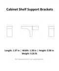 Diagram showing multipurpose zinc alloy shelf supports with dimensions for glass and wood shelves, ultra durable cabinet and closet mounting hardware.