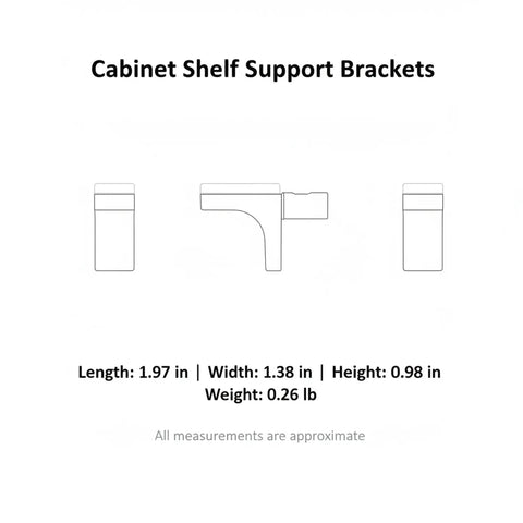 Diagram showing multipurpose zinc alloy shelf supports with dimensions for glass and wood shelves, ultra durable cabinet and closet mounting hardware.