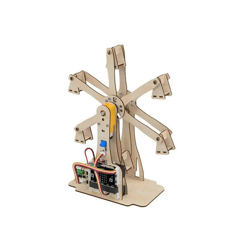 Hands-On Ferris Wheel Add-On Kit For PicoBricks And Micro:Bit - No Soldering, Plug-And-Play STEM Build, Raspberry Pi Compatible, Fun, Interactive DIY Engineering Toy For Students And Makers. Wooden desktop ferris wheel kit with base and controller board.