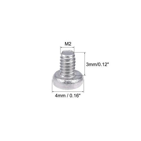 Pro Grade M2x3mm Pan Head Machine Screws With Phillips Cross Drive Made From 304 Stainless Steel fastener side view with dimensions.