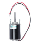 High Speed Permanent Magnet DC Motor 30W With Ball Bearings Runs Super Smooth And Quiet For Robotics DIY Projects CNC Accessories 12V 3500 RPM CW CCW Reversible Long Shaft Gear Drive System with exposed wiring.