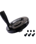 Beefed Up 5 Inch Foldable Handwheel With Revolving Handle For Milling Machine Lathe And CNC Aluminum Ribbed Rim 1/2 Inch Bore Handwheel Includes 3 Hex Socket Cap Screws And 3 Set Screws displayed with screws