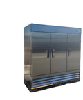 Straight Up Solid Workhorse Three Door Commercial Reach In Freezer, 72 Cubic Foot Stainless Steel Build, Nine Heavy Duty Shelves, Digital Control.