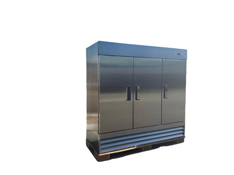 Straight Up Solid Workhorse Three Door Commercial Reach In Freezer, 72 Cubic Foot Stainless Steel Build, Nine Heavy Duty Shelves, Digital Control.