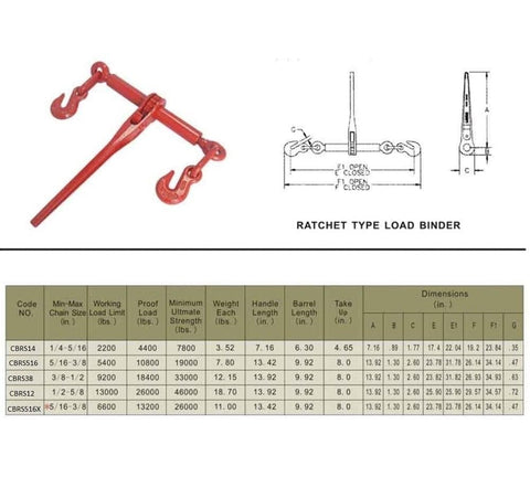 Four Pack Ratchet Chain Binders For 1/4 To 5/16 Inch G70 Chains with specifications and diagram.