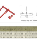 Image of Two Pack Heavy Duty Ratchet Chain Binders For 1/4 To 5/16 Inch Chain In Red with specifications chart and diagram.
