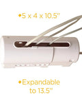 Two Pack Power Strip Covers That Securely Enclose A Full Power Strip, wall mountable, expandable white cover with cords, dimensions shown.