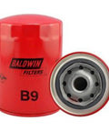 Oil Filter Spin On Full Flow For Auto And Truck Maintenance High Flow Filter Height Five And Three Eighths Inches Length Five And Three Eighths Inches Width Three And Eleven Sixteenths Inches United States Made Part B9, product front and top view