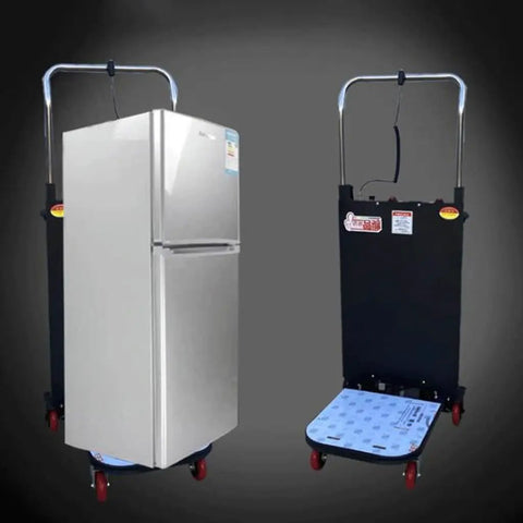 Heavy Duty Electric Stair Climber Cart With 4 Wheels And Tracked Motion Makes Transporting Barrels Or Tires A Total Breeze For Your Warehouse Crew Today with a refrigerator loaded on it.