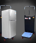 Battery Powered Stair Climber Cart With Four Wheels For Heavy Loads Makes Moving Boxes And Equipment Up Or Down Stairs A Total Breeze Without Wasting Your Back, shown with a refrigerator.